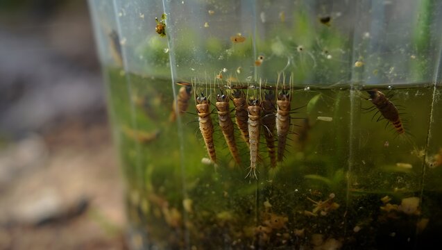 Several dragonfly larvae hanging from the edge of a clear container filled with murky green water