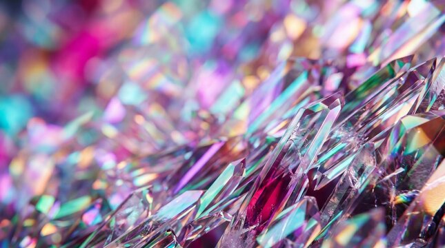 Abstract geometric crystal background with iridescent and vibrant colors, a close-up of refracted light creating a dazzling effect