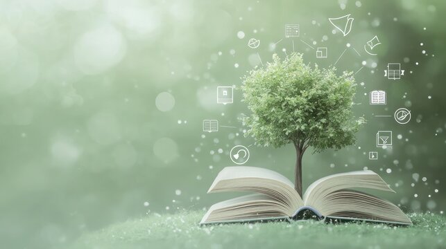 Open book with tree and icons, knowledge growth, nature background, education concept, possible use for learning material, inspirational, eco-friendly