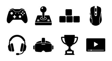 Gaming vector icons, black video game controller, joystick, VR headset, and trophy set © black man