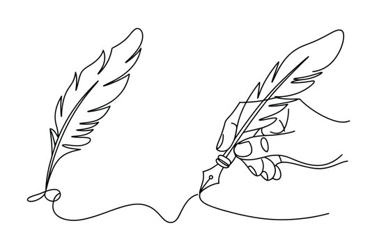Hand holding a quill pen writing with ink, and a separate quill pen, document