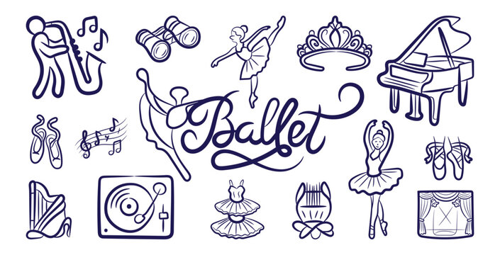 Editable Hand Drawing line art Ballet dance theater icon or stickers vector illustration Collection, classical performance of Ballet dance vector art design set