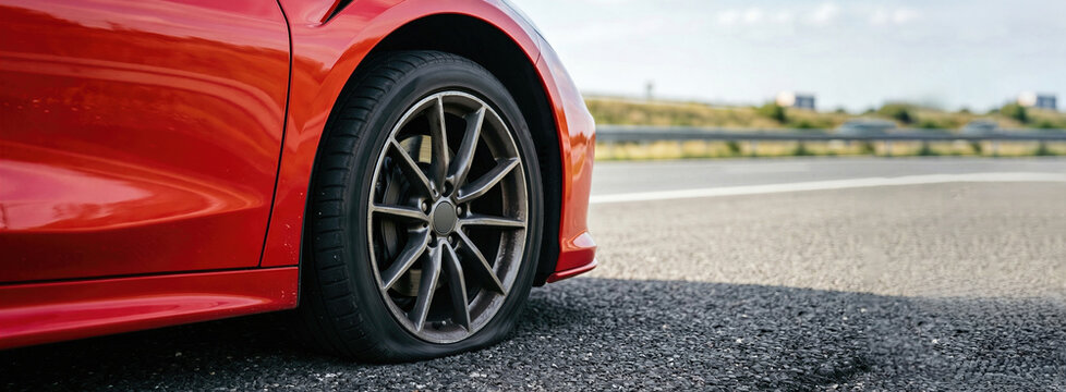 Red car with a flat tire stopped on the side of a highway road. Automobile breakdown service and vehicle maintenance concept. Banner with copy space