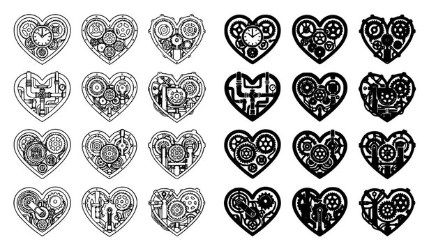 Steampunk Heart Vector Set Mechanical Gears Clockwork Black Silhouette Collection