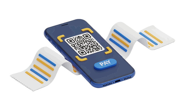 Vector illustration of 3d illustration of a smartphone with a qr code and digital receipt on a transparent background