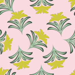 Fototapeta premium Floral seamless pattern. Cute print with daisy flowers and leaves on blue background. Chamomile meadow flowers. Hand drawn stylized vector illustration for textile, wallpaper, wrapping paper. 