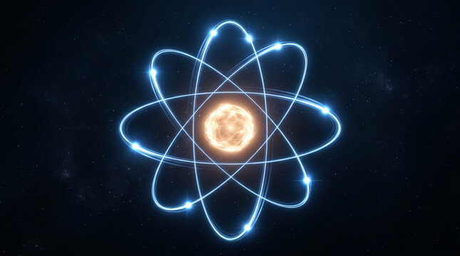 Glowing atomic structure with glowing electrons and a bright nucleus floating against a dark space background
