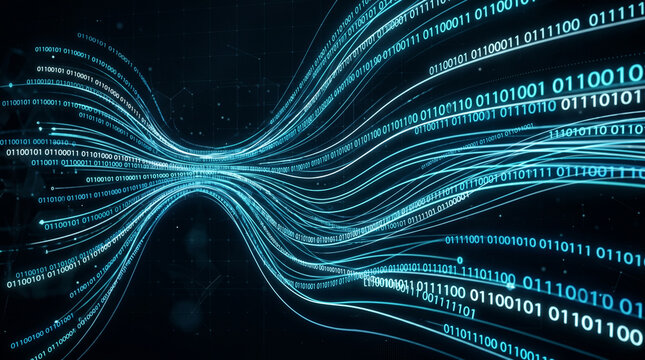 Abstract digital data stream flowing through a futuristic tunnel of glowing binary code, representing big data and network technology, 8K resolution