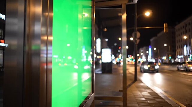 A brightly lit green digital billboard glows at a nighttime city bus stop as cars pass by on the wet street, reflecting streetlights and urban activity