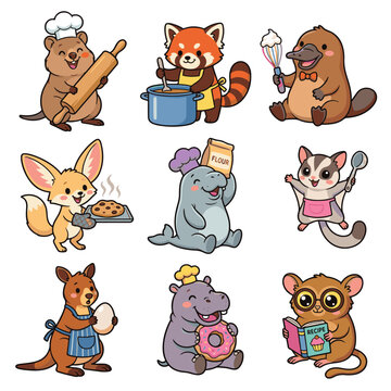Nine adorable cartoon animals cooking and baking, featuring a quokka, red panda, platypus, fennec fox, dolphin, sugar glider, kangaroo, hippo, and tarsier.