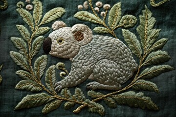 Obraz premium Textile Art Koala Bear with Eucalyptus Leaves on Deep Teal Backdrop