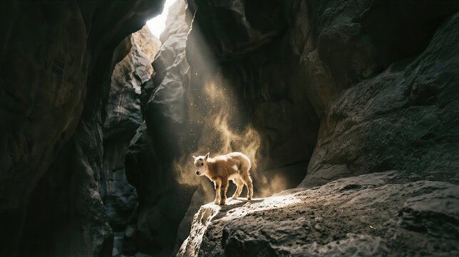 Young mountain goat standing on a rocky ledge in a narrow canyon illuminated by divine sunbeams. Creation of animal theme. Biblical Genesis concept, wildlife in nature environment.