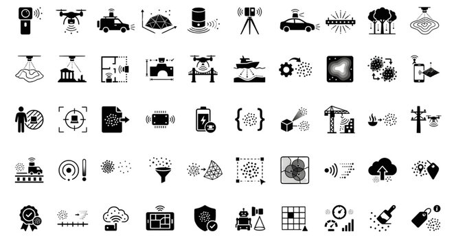 Lidar Drone 3D Scanning Topographic Mapping Silhouette Icon Set, Handheld LiDAR Scanner, 3D scanning, LIDAR technology, drone mapping, point cloud processing, and smart sensor applications