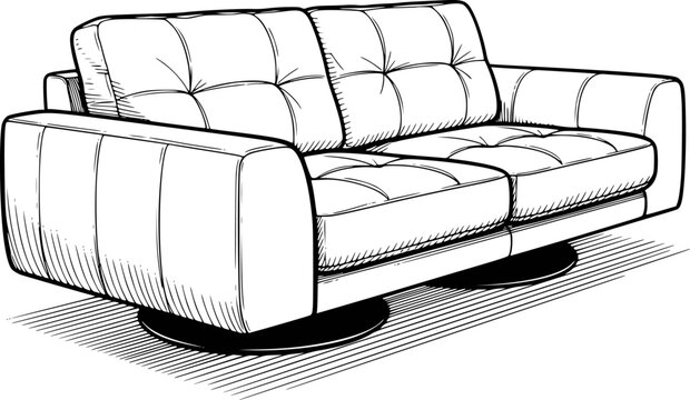 Hand-drawn of a tufted leather sofa with a modern swivel base a striped floor couch