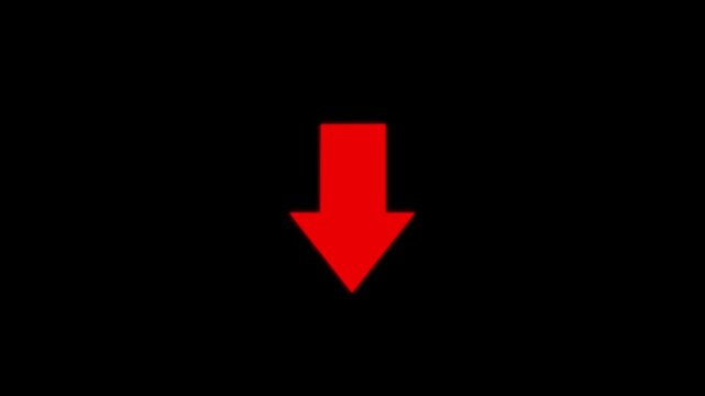 Animated arrow pointing down on black background.Abstract glowing down arrow icon 4k animation video.