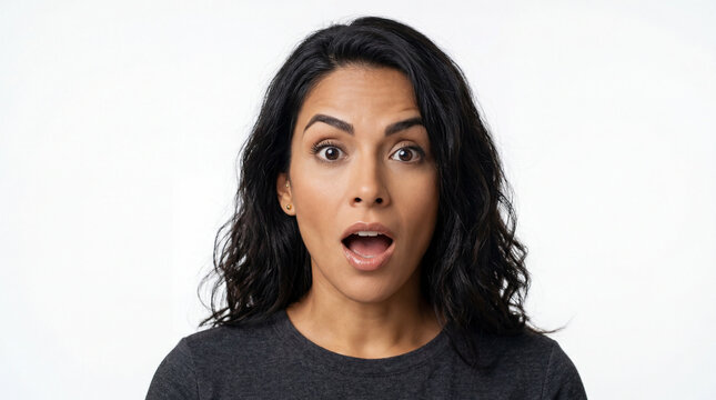 Portrait of Surprised Hispanic Woman with Open Mouth and Wide Eyes Expressing Shock and Amazement, Studio Headshot Isolated on White Background
