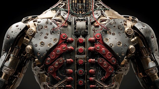 Intricate close-up of a cyborg's metallic back, showcasing detailed internal mechanics and wires