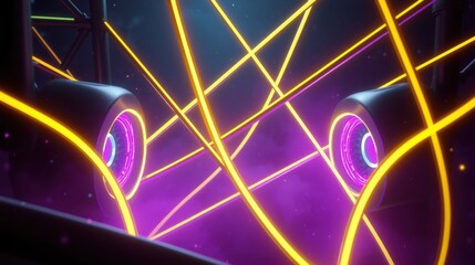 Fototapeta premium Neon lights create futuristic tunnel. Vibrant purple, yellow hues dominate dark space. Speakers glow intensely, adding dynamic energy.