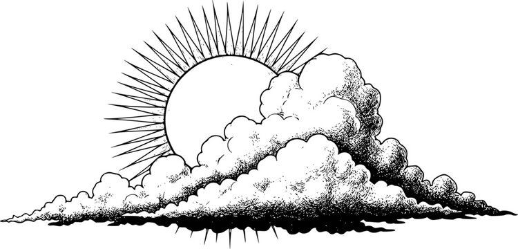 Stylized sunburst emerging from dramatic clouds in black and white engraving style