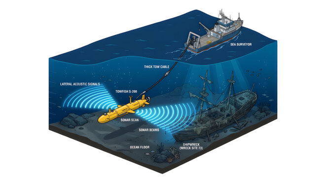 Isometric Underwater Sonar Mapping Shipwreck Technical Cutaway Diagram,  illustrating an underwater sonar mapping operation, showing a surface ship towing a towfish that emits acoustic signals to scan