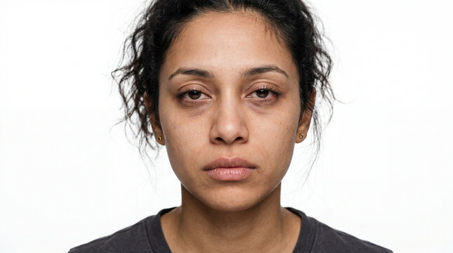 Close-up Portrait of an Exhausted Young Woman with Dark Circles Under Eyes and Puffy Eyelids, Looking Tired and Stressed Against a White Background