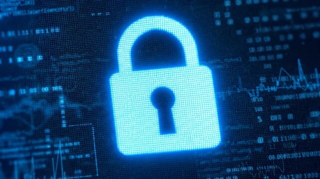 Cyber Security Concept with Glowing Digital Padlock Icon on Data Screen