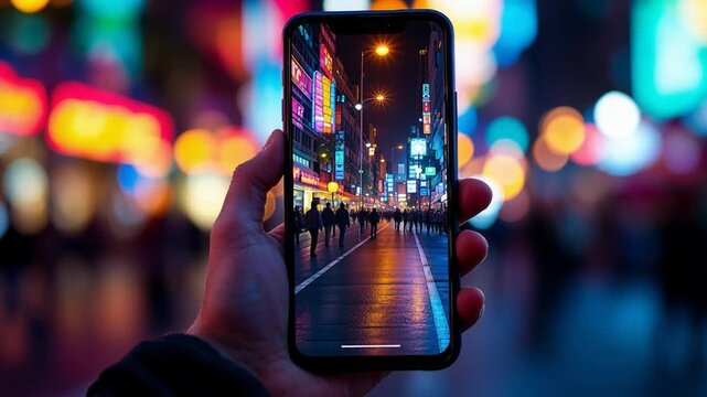 Person holding a mobile phone recording a vibrant, crowded city street illuminated by neon signs