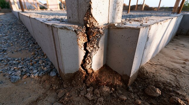 Closeup of a damaged concrete foundation with deep structural crack at a construction site, highlighting building defects and engineering issues.