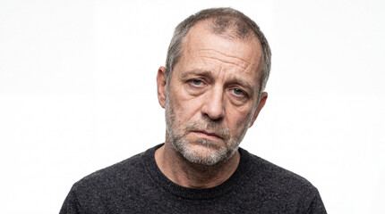 Fototapeta premium Portrait of a Sad Senior Man with a Depressed Expression and Tired Eyes Wearing a Dark Sweater Against a White Background