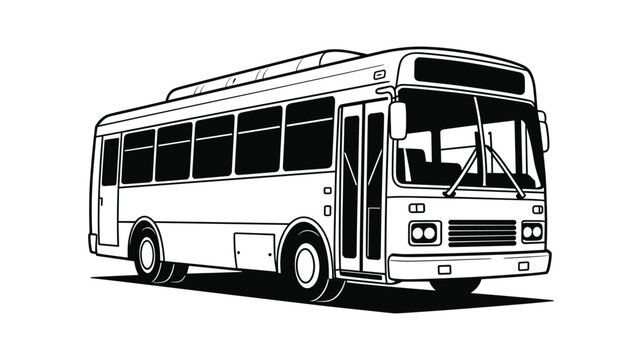 Black and white line of a classic passenger bus viewed from the front three quarter angle transportation