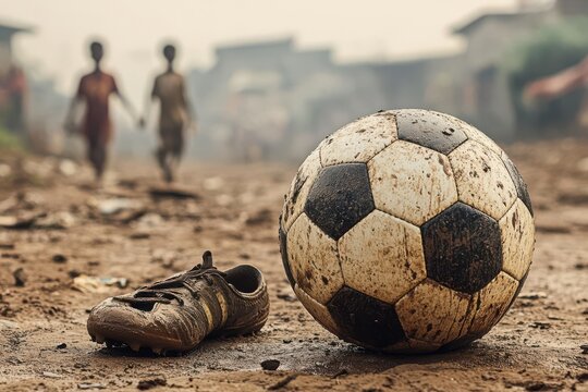 Mud-splattered football and worn cleat on a dusty field, with blurred figures in background, symbolizing enduring passion and resilience.
