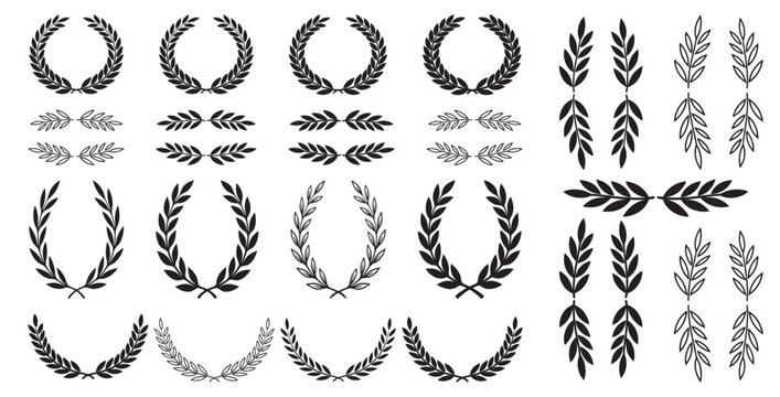 Set of black laurel wreaths and wheat emblems, decorative foliate frames and dividers for award and heraldry design.