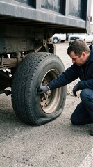 Naklejka premium Mechanic examining flat tire on heavy truck. Professional technician checking damaged wheel of vehicle. Car repair, roadside maintenance service, transportation, and safety check concept.