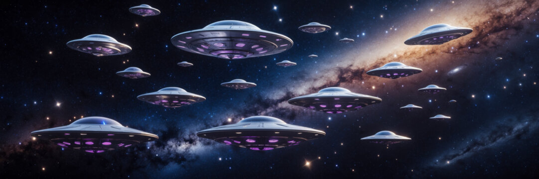 Wide banner art poster UFO fly spaceships aircraft in space with copy space for text AI Generative