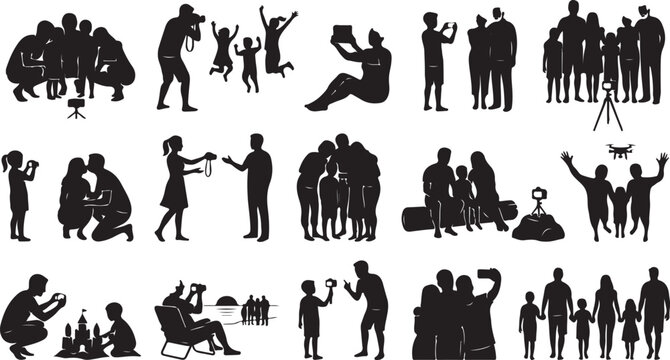 Black silhouette collection of happy families and people taking photos with cameras and mobile phones in various poses and daily life activities isolated on white background, Vector, illustration