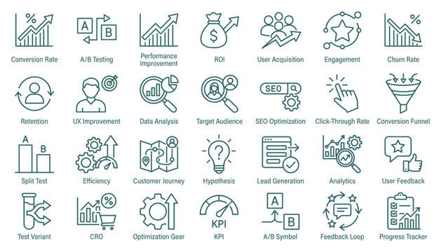 Business optimization and analytics icon set vector illustration for marketing strategies.