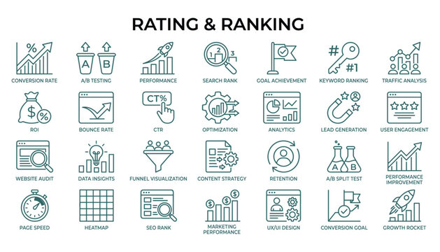Rating and ranking icons vector illustration with business analytics and website optimization.