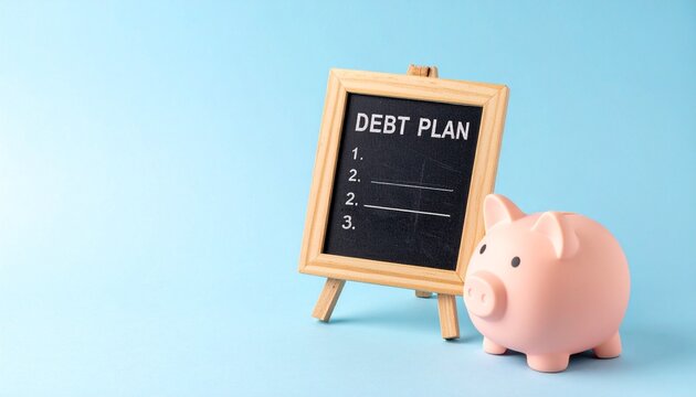 Pink Piggy Bank Sitting Next to a Small Blackboard Featuring a Numbered "DEBT PLAN" List on a Light Blue Background
