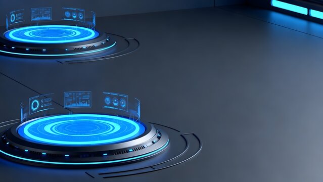 Futuristic control platforms with glowing blue interfaces