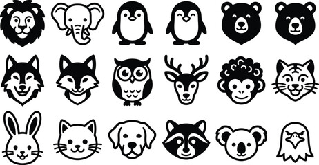 Cute Animal Head Icon Set in Black and White Vector Style © Saif