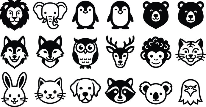 Cute Animal Head Icon Set in Black and White Vector Style