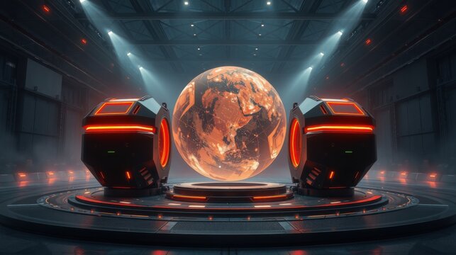 Futuristic scene. Glowing sphere dominates center, flanked by sleek vehicles. Dramatic lighting, dark environment, circular platform visible.