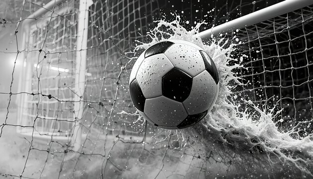Black and white soccer ball crashing into a goal net with dramatic ink splash effects, capturing intense motion, impact, and dynamic sports energy on a clean background