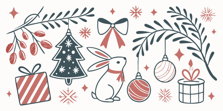 Festive bunny rabbit and christmas tree ornaments with gift boxes and pine needles.
