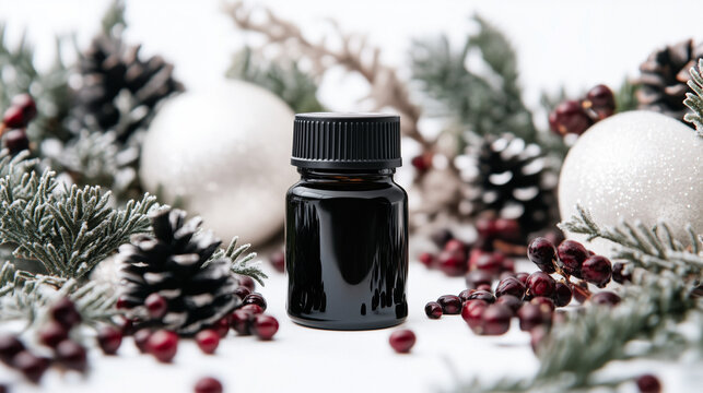 Mucuna Pruriens seeds with herbal extract bottle, palette of frosty white