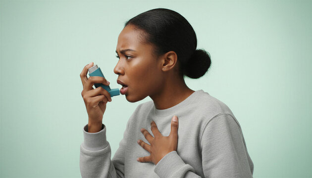 African american woman using inhaler during asthma attack. Patient feeling respiratory distress and breathing difficulty. Medical condition, lung illness, healthcare and treatment concept.