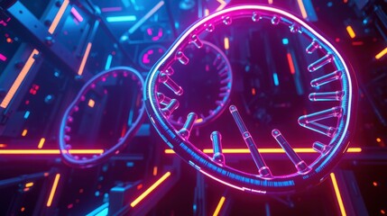 Obraz premium Neon clocks float within complex futuristic structure. Vivid blues, pinks, oranges create dramatic lighting effect. Time concept dominates scene.