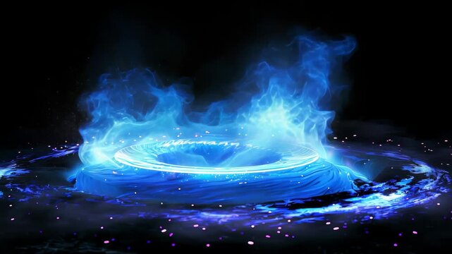 Blue glowing energy portal radiates light and mist, surrounded by darkness, circular ripples create magical effect, futuristic fantasy scene, concept of teleportation and parallel worlds