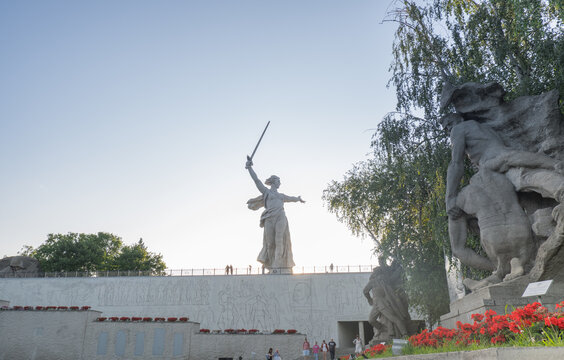 Volgograd, Russia - May 04, 2025: Sculptural compositions along Heroes Square on Mamayev Kurgan in Volgograd.