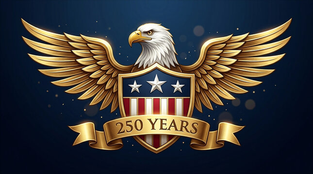 Golden american eagle with outspread wings and patriotic shield for 250 years anniversary